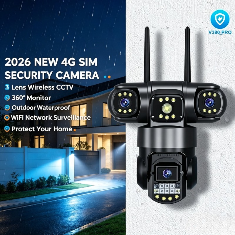 Home Yard Security Cameras - 3‑Lens 4G SIM Security Cam 360°